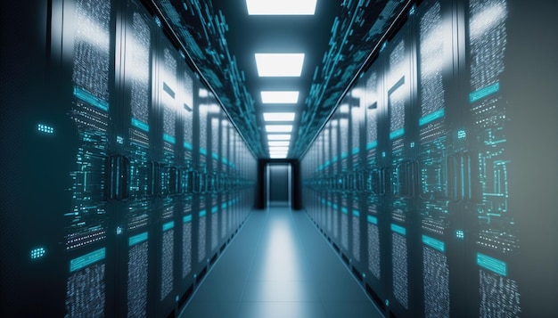 Photo corridor of data center with racks of server computer for cloud computing data