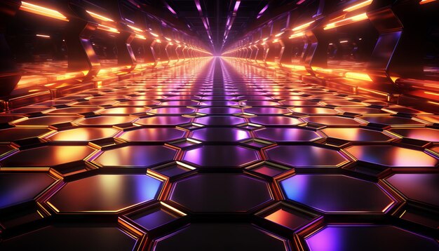 Corridor Empty Room With Purple And Blue Neon Glowing Lights Hexagon Background 3D Illustration