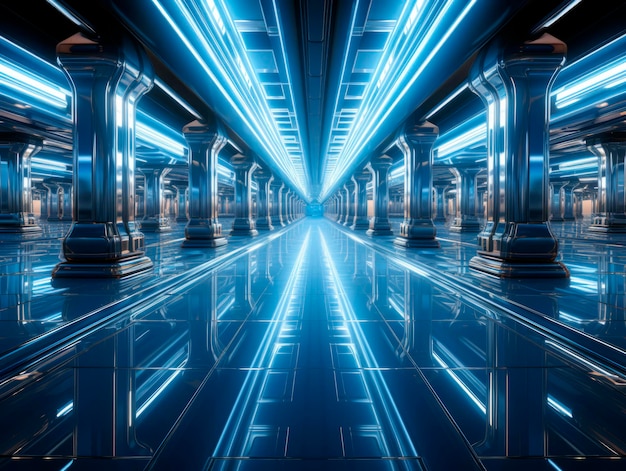 Corridor in a futuristic building with blue lights Generative AI