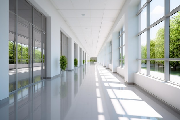 The corridor of a modern office building showing white walls with Generative AI