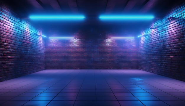 Corridor Room Garage Studio Dance Glowing Blue Purple Spot Lights Concrete FloorNeon Retro Brick Walls Club Mist Dark Foggy