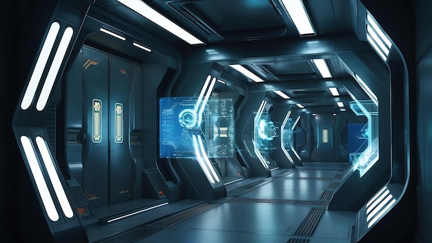 Corridor spaceship interior scifi fiction concept 3d rendering