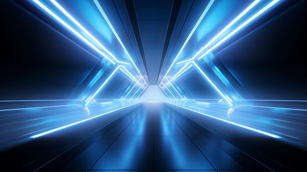 Corridor tunnel van ruimtestation schip gloeiende futuristische panelen van blauwe kleur metalen muren reflectie van licht Podium podium lange weg 3d render