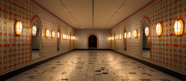 セラミックの床と天井のライトで飾られたトルコの家の廊下