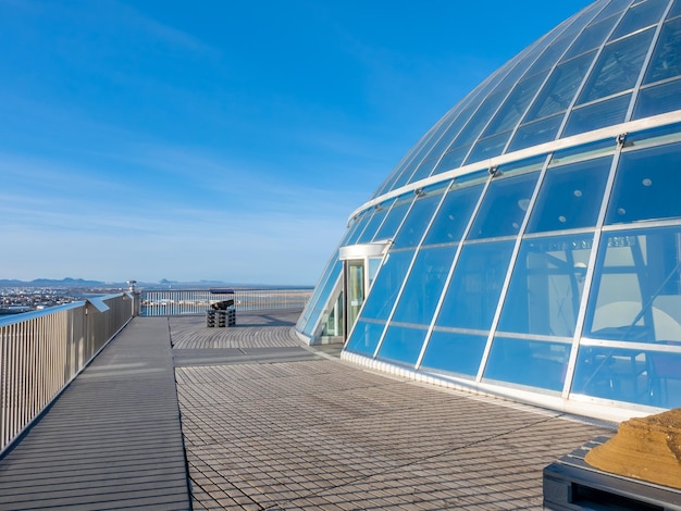 Corridor walk way at observatory deck of perlan aviation museum\
in reykjavik capital city of iceland