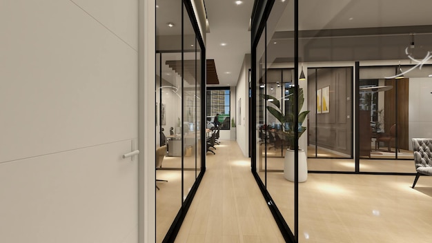 A corridor with glass doors and a glass wall that says'the office '