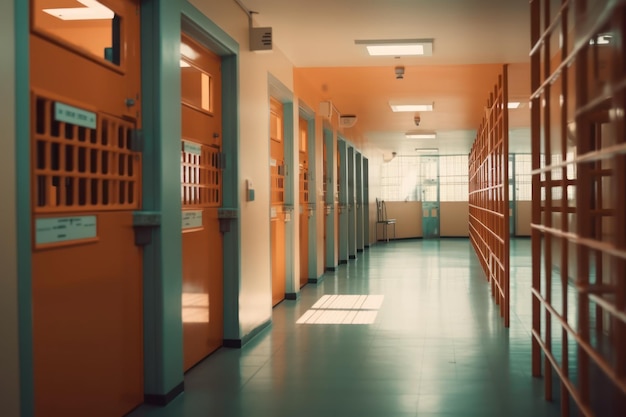 A corridor with orange doors and a sign that says'the door to the right '