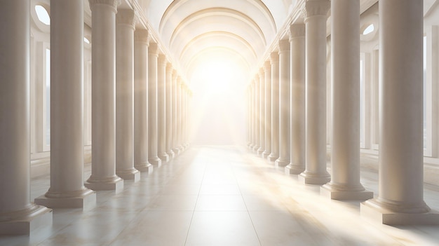 corridor with roman pillars and bright light at the exit