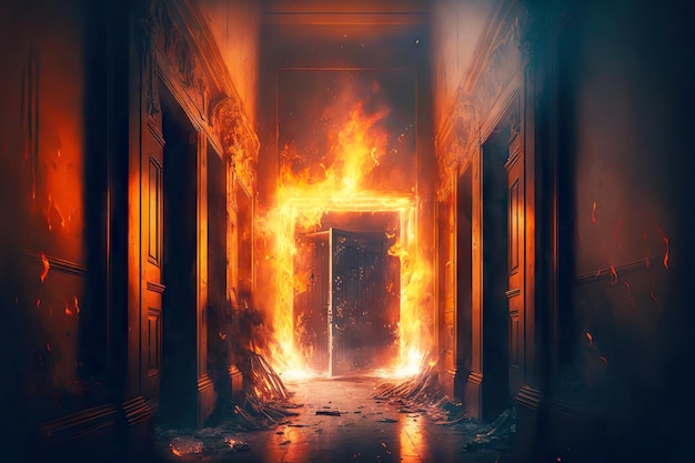 Фото Коридоры и комнаты горящего дома, охваченные пламенем и густым дымом