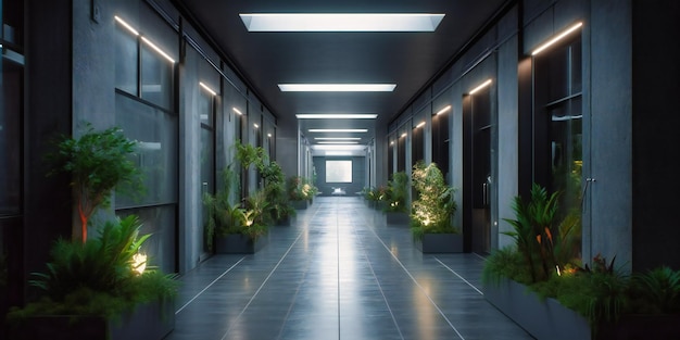 Corridors at an office building with plants