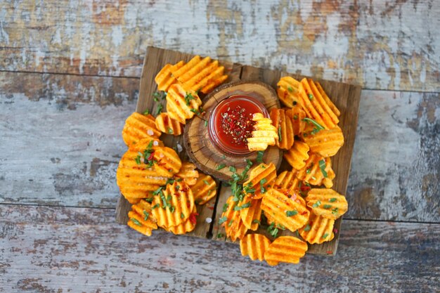 Corrugated chips with spices and sauce