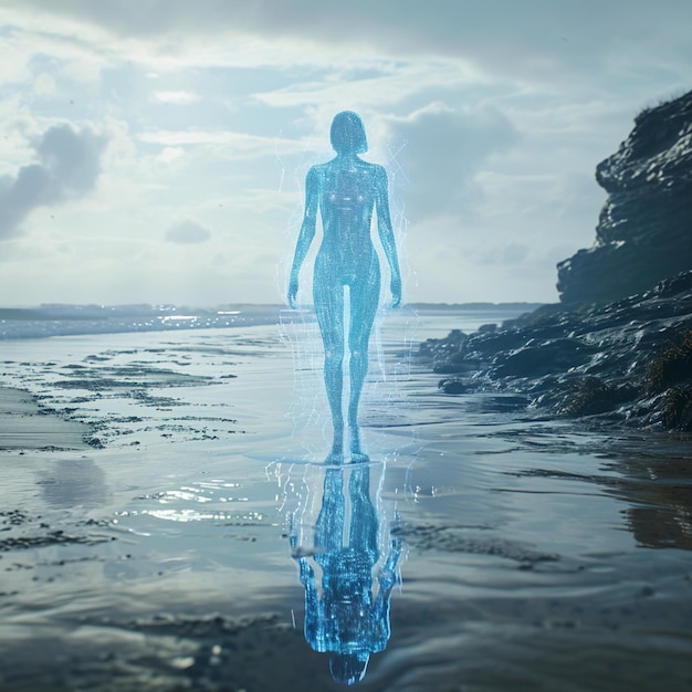 Cortana hologram on a beach blu Ray Tracing Reflections
