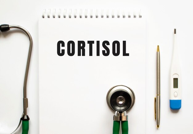 책상과 청진기에 누워 노트북에 쓰여진 CORTISOL 텍스트.