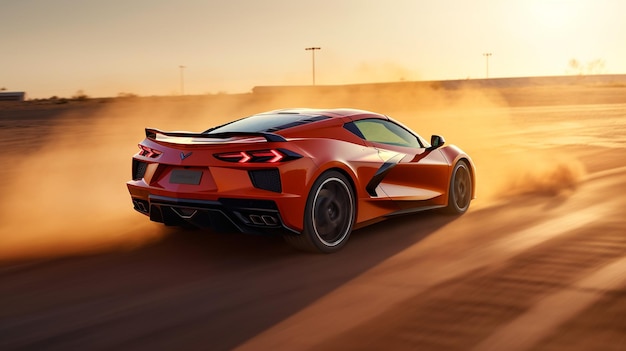 A corvette is driving through a dusty desert.