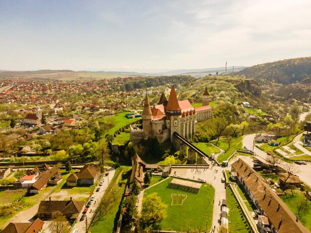 Corvin Castle with wooden bridge Hunedoara Hunyad Castle Transylvania Romania Europe Aerial