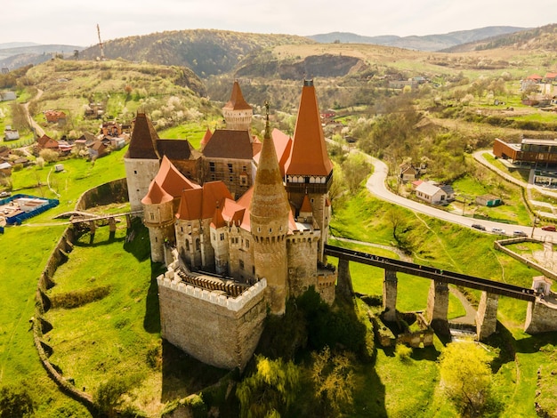 Corvin Castle with wooden bridge Hunedoara Hunyad Castle Transylvania Romania Europe Aerial