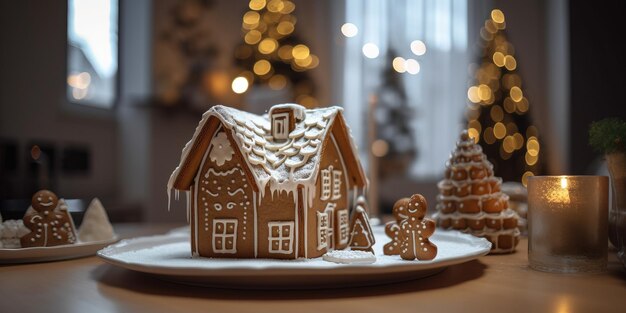 Photo coseup of a gingerbread house on a table