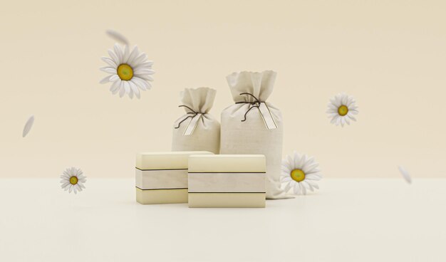 Cosmetic ad template with soap bar mockup set on floral background design for natural skincare