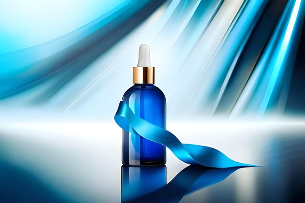 Cosmetic ads template essence bottle with blue ribbon and glitter elements on the background