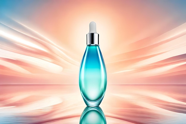 Cosmetic ads template glass droplet bottle with wavy light abstract background 3D illustration