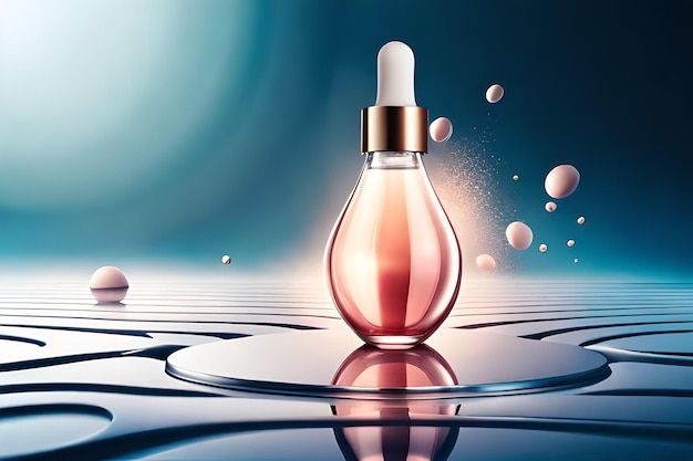 Cosmetic ads template glass droplet bottle with wavy light abstract background 3D illustration