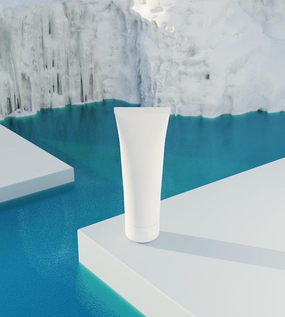 Foto tubo cosmetico per prodotti di bellezza sull'illustrazione di rendering 3d della piattaforma del prodotto