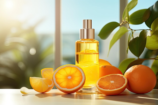 Cosmetic beauty with circular disks sliced tangerine and realistic dropper bottle without labeling