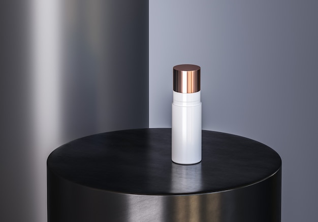 Cosmetic bottle on black pedestal background