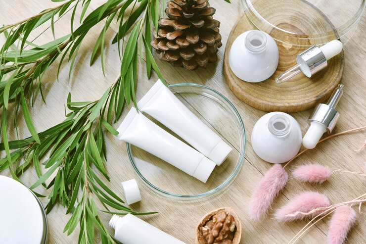 Cosmetic bottle containers packaging with green herbal leaves