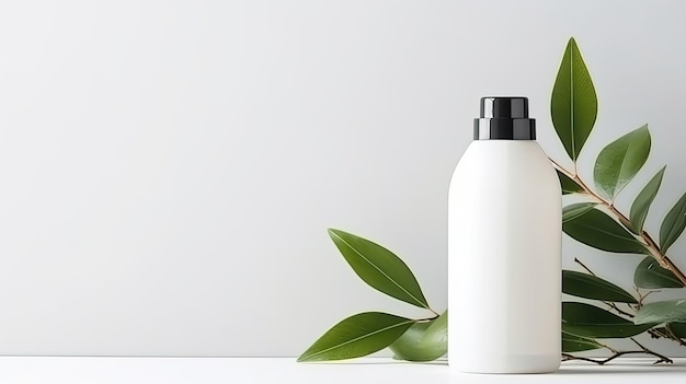 Cosmetic bottle containers with green herbal leaves Blank label for branding mockup Natural beauty product concept