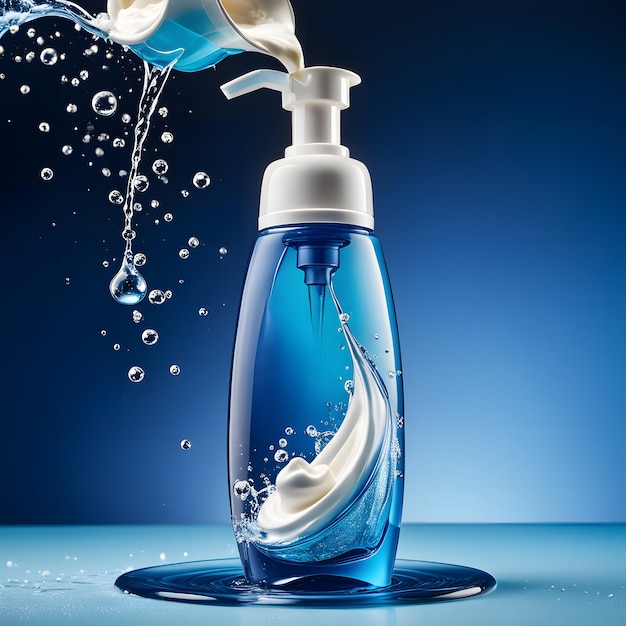 Cosmetic bottle and droplets of water splashing on blue background