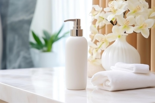 Cosmetic bottle of face skin care lotion mockup on spa table