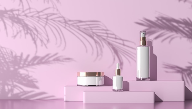 Cosmetic bottle mockup on pink stage with tropical plants shadow