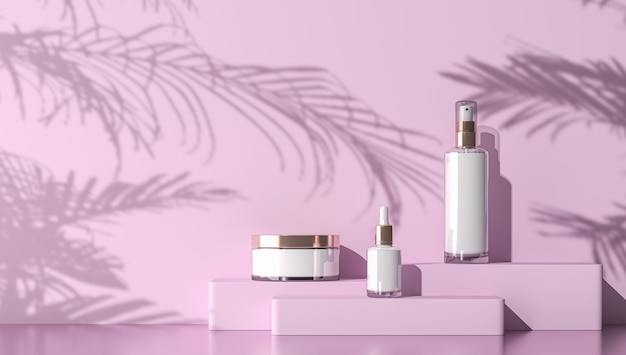 Photo cosmetic bottle mockup on pink stage with tropical plants shadow