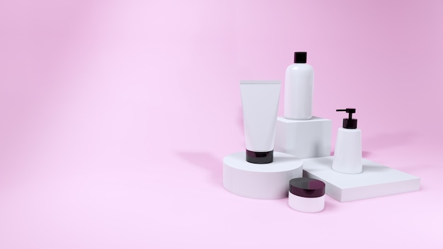 Photo cosmetic bottle mockup product set on pink backgroud, 3d rendering