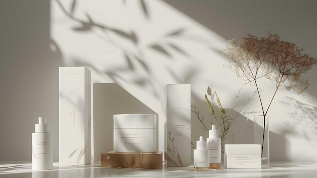 cosmetic bottle mockup with green leaves on white background
