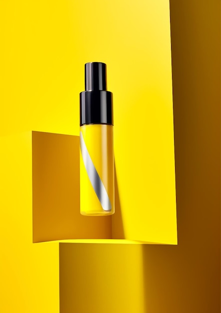 Cosmetic bottle with a dispenser on a yellow background a container for cosmetic products for skin