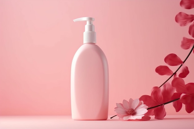 Cosmetic bottle with flower and shadow on pink background face and body care spa concept