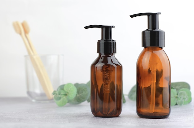 Cosmetic bottles in the bathroom Skin care product after shower moisturizer skin moisturizing lotion