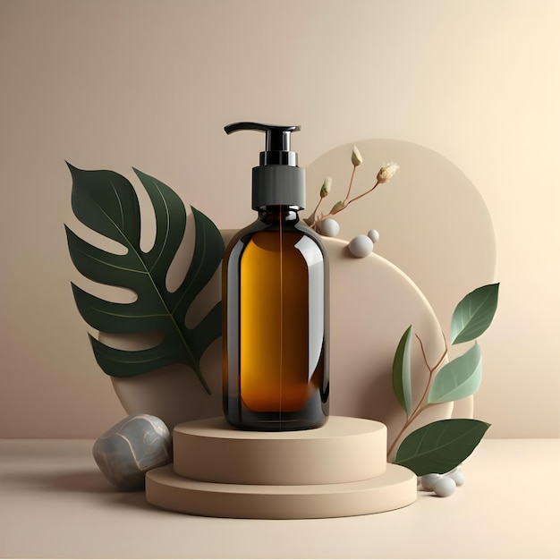 Cosmetic bottles on podium with green plants on beige background