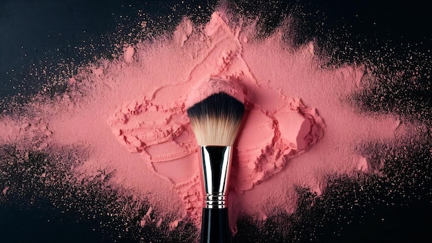 Cosmetic brush in cloud of pink powder on dark background