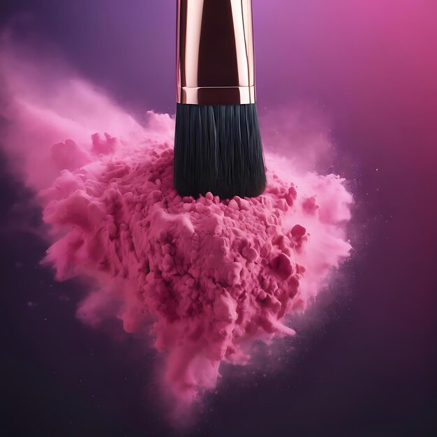 Cosmetic brush in cloud of pink powder on dark background