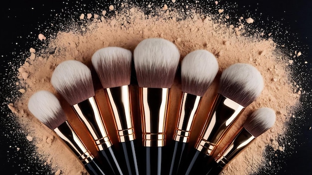 Cosmetic brushes in dust of powder on dark background