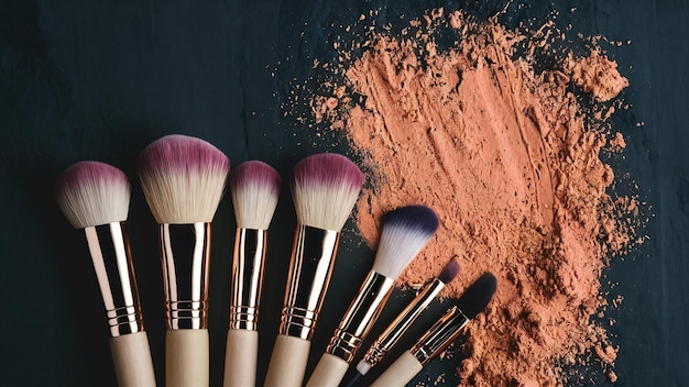 Cosmetic brushes and makeup powder on dark background