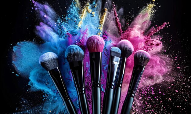 cosmetic brushes with colorful powder explosion on black background