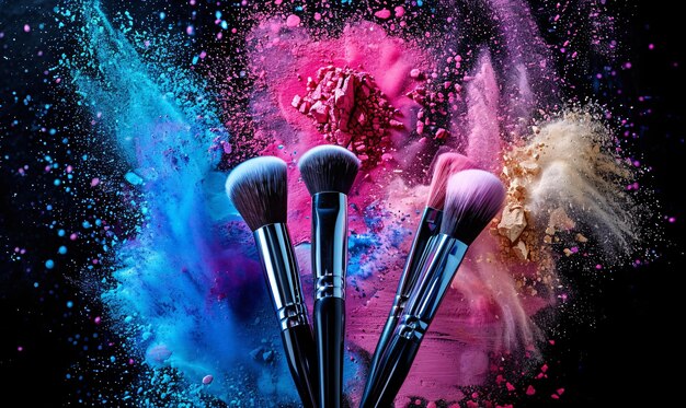 cosmetic brushes with colorful powder explosion on black background