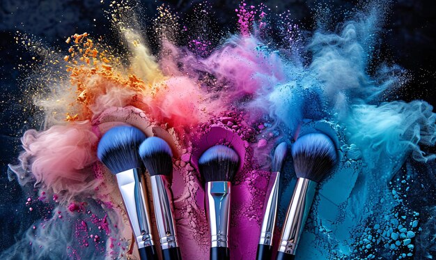 cosmetic brushes with colorful powders explosion on black background