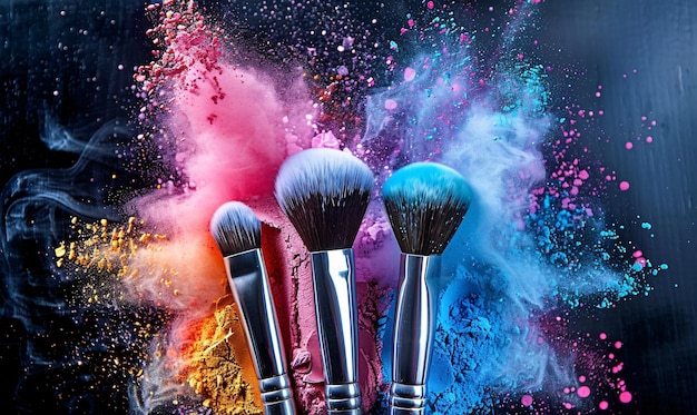 cosmetic brushes with colorful powders explosion on black background