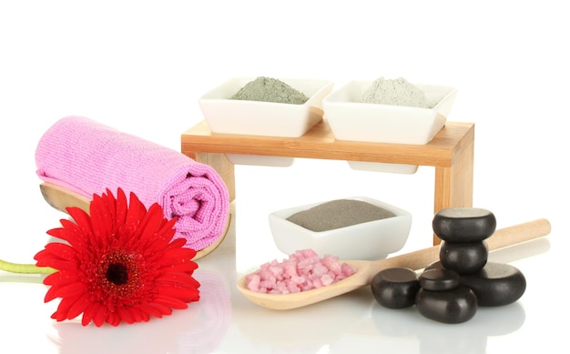 Cosmetic clay for spa treatments on white background