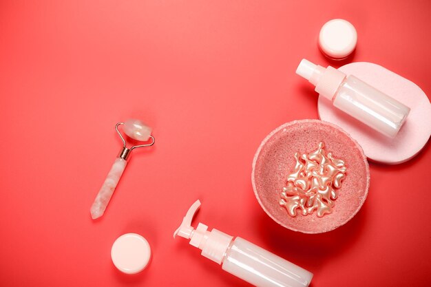 Cosmetic concept facial care cosmetics on a pink background